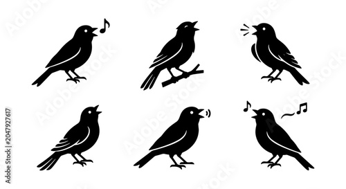 Fotografi Singing Birds Vector Icons Set, Black Silhouette Avian Music Symbols, Nature Wil