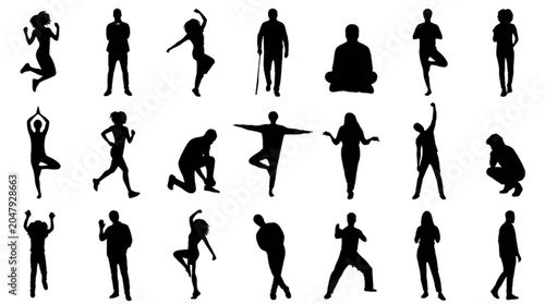 Quadro su tela Set of diverse silhouettes performing various dance and movement poses isolated