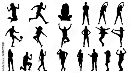 Set of diverse people silhouettes performing various sports and activities isolated on transparent background, Vector