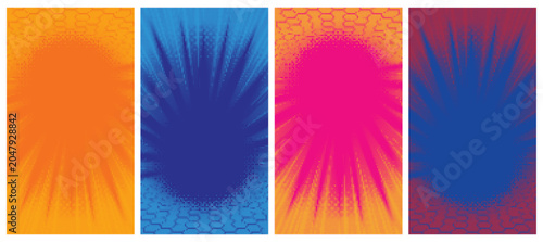 Set of four abstract backgrounds with halftone dot grids and radial starburst textures.