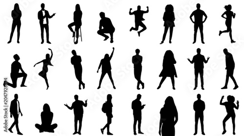 Set of diverse people silhouettes in various dynamic poses and activities isolated on transparent background, Vector