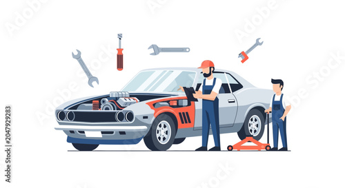 Photography Car Repair Mechanics Working on Vintage Vehicle Engine with Tools