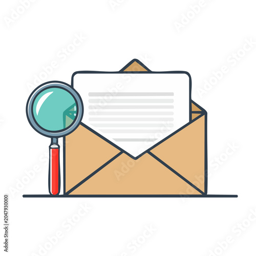 Envelope with letter and magnifying glass, flat design