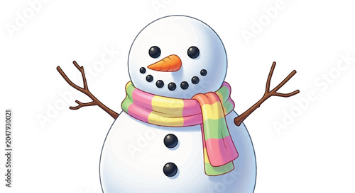 Cute Snowman Wearing a Colorful Scarf.