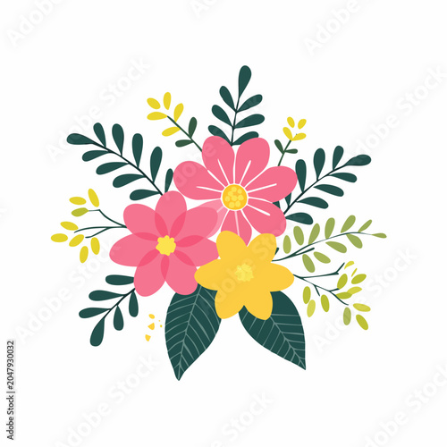 Hand-drawn floral bouquet with pink and yellow flowers and green leaves