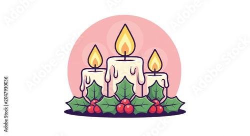 Christmas Candles with Holly and Berries Illustration.