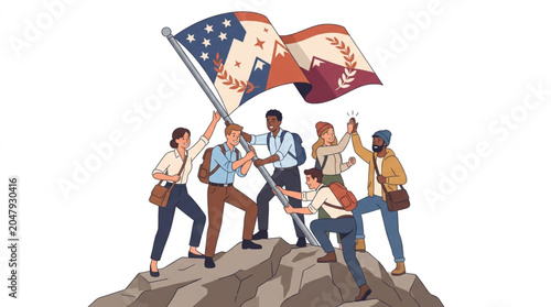 Diverse group of students holding American flag on mountain peak.