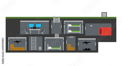 Cuadro en lienzo Underground Bunker Blueprint: Safety Shelter with Weapons, Beds, and Command Cen