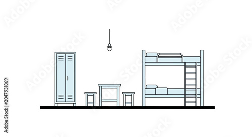 Photos Bunk Bed, Locker, Table, Stools in Dorm Room - Minimalist Line Art