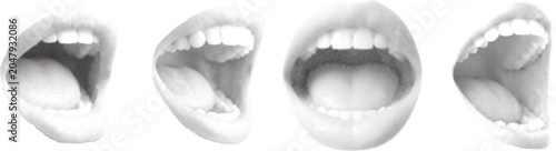 Foto Halftone mouth and lips vector set with open and closed teeth positions, retro pop art style comic mouth expressions isolated