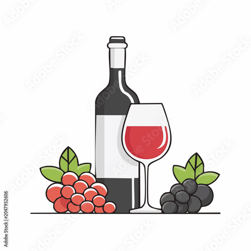 Red Wine Bottle, Glass, and Grapes Illustration