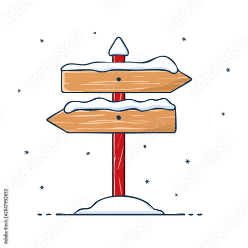 Winter wooden signpost with snow and snowflakes