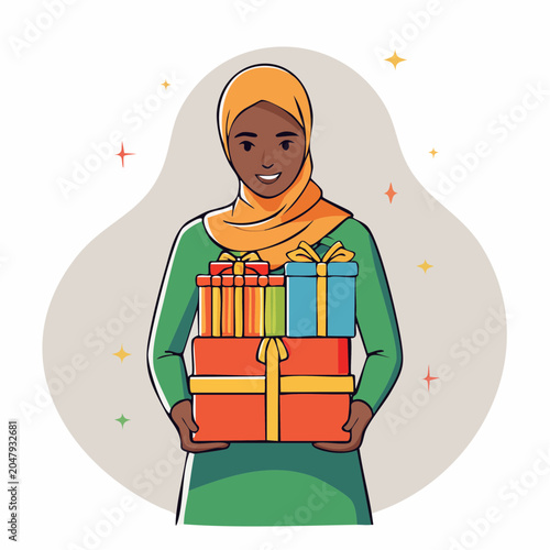 Woman in Hijab Holding Stack of Gift Boxes