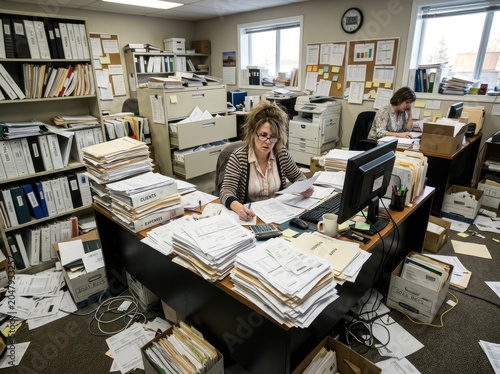 Overwhelmed female accountant working at a messy desk covered in stacks of paperwork and files in a busy office