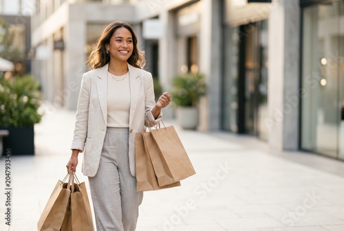 Smiling young woman carrying brown paper shopping bags while walking through a luxury outdoor shopping district on a sunny day