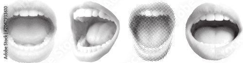 Foto Open Mouth in halftone texture, dotted pop art style