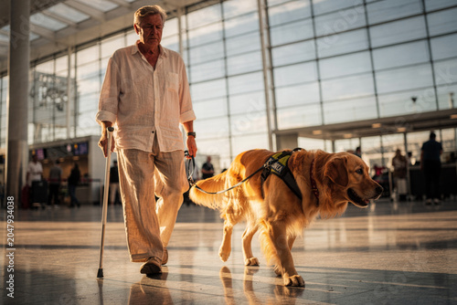 Senior visually impaired man walking through a bright airport terminal with the help of his Golden Retriever service dog and a white cane