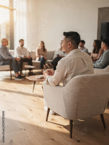 Diverse Group of People Sitting in a Circle for a Support Group Meeting or Therapy Session in a Bright Modern Room