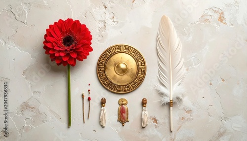 Flat lay of symbolic objects for spiritual ritual and meditation.