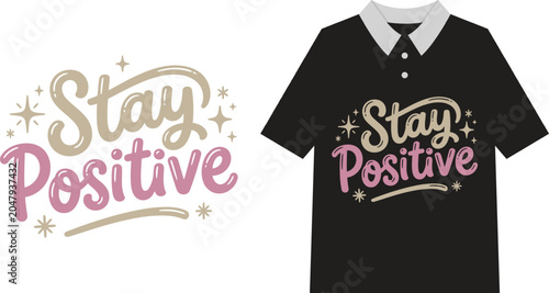 Foto A black polo shirt with a stay positive design on the front and the same design