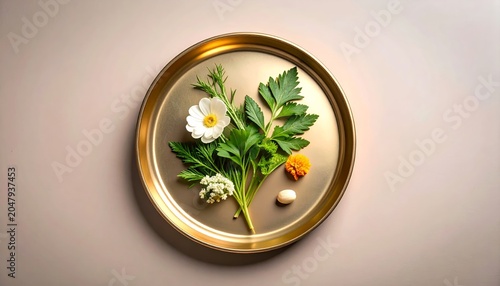 Botanical arrangement of fresh herbs and blooming flowers on a golden tray