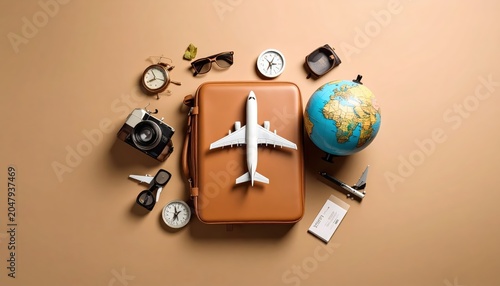 Essential travel accessories arranged aesthetically for a global adventure theme