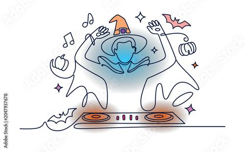 Cuadro en lienzo Person in witch hat dancing at dj deck with halloween symbols party music, Neon lights effects