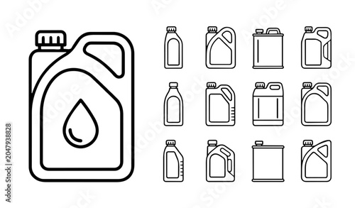 Motor Oil Canister Icon Set Featuring Engine Lubricant Jerrycans Plastic Jugs Car Liquid Containers And Tin Bottles Line Art Templates