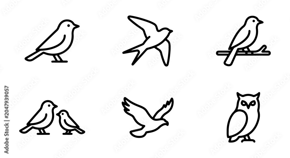 Fototapeta premium Minimalist Bird Icons Set: Simple Line Art Vector Graphics for Nature and Wildlife Designs