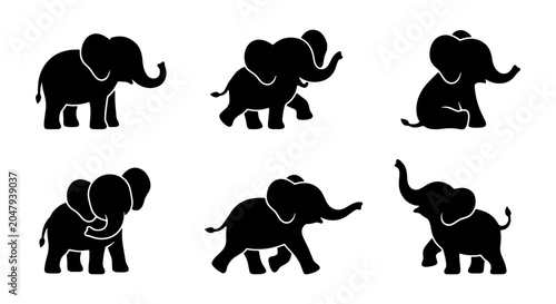 Fotografie Set of 6 Black Elephant Silhouettes, Vector Icons for Wildlife and Safari Themes