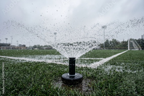 Irrigation sprinkler actively spraying pressurized water across a synthetic turf sports field near a painted boundary line