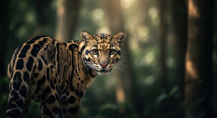 Clouded leopard portrait amidst lush forest scenery, wildlife photography