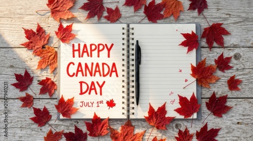 Happy canada day celebration with red maple leaves and notebook