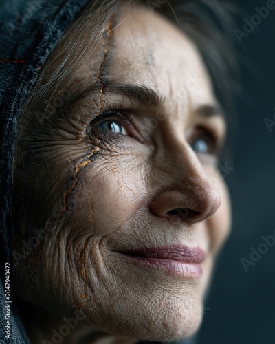 Smiling woman with kintsugi gold-filled facial lines