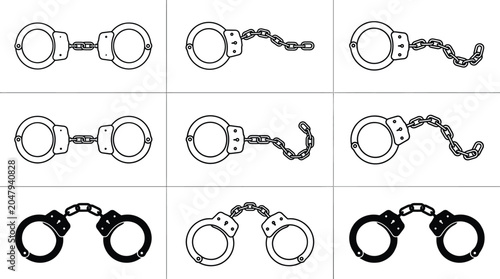 Set of handcuffs vector icons and metal shackle silhouettes for criminal justice police security graphics and law enforcement designs