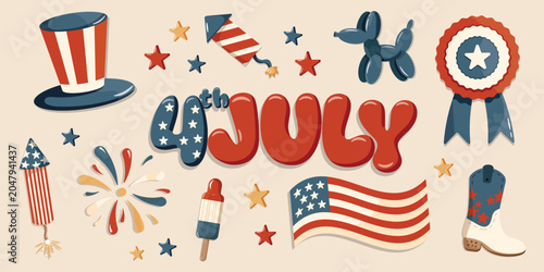 Fourth of July patriotic element collection with American holiday illustrations
