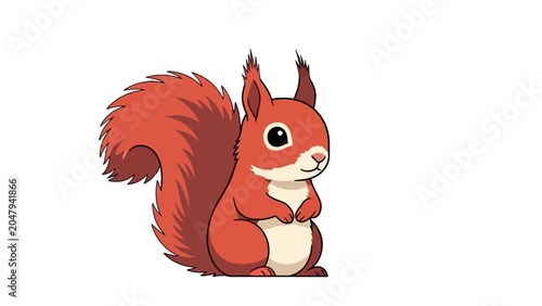 Slika na platnu A charming cartoon illustration of a fluffy red squirrel with a bushy tail, standing upright on a white background