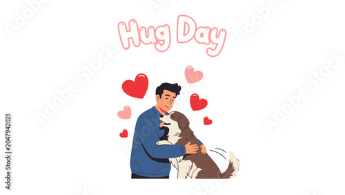 Konstfotografi A Warm Embrace for Hug Day: A man joyfully hugs his beloved dog amidst floating heart shapes, celebrating the heartwarming occasion of Hug Day