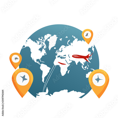 World map with airplane and location pins