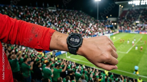 Close up of a sports watch showing 45 minutes on a person's wrist with a blurred soccer stadium crowd and field in the background at night