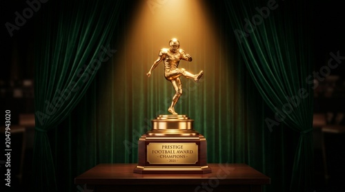 Golden American Football Trophy on a Pedestal with Green Curtains and Spotlight Celebrating Champions 2021