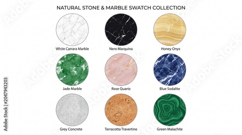 Photos Natural Stone and Marble Swatch Collection featuring White Carrara Marble, Nero