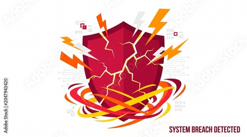 Cracked digital shield with lightning strikes and binary code symbolizing system breach detected and cyber security threat