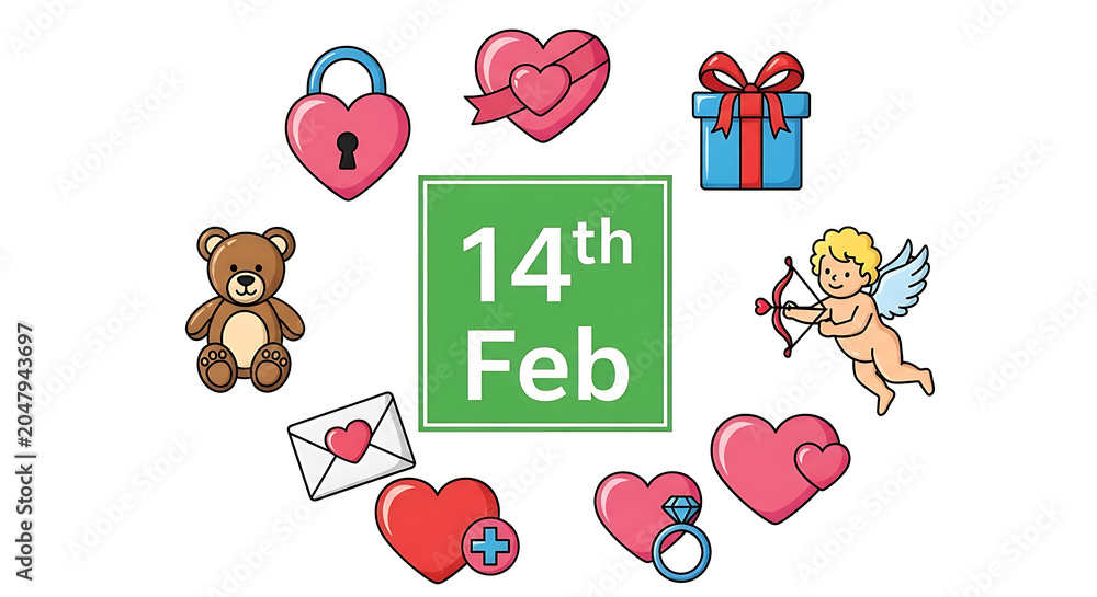Naklejka premium Colorful valentine's day celebration with hearts, teddy bear, and gift box, february 14th theme