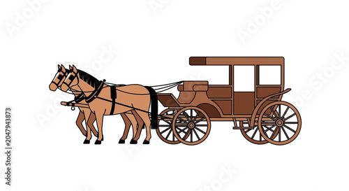 Canvas Print Horse Drawn Carriage with Two Horses, Vintage Transportation, Old Fashioned Trav