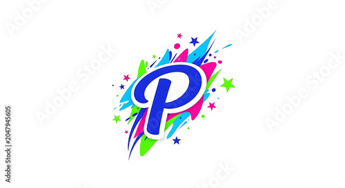 Vibrant, multicolored, 3 d letter p with starburst, confetti, and geometric shapes gradient