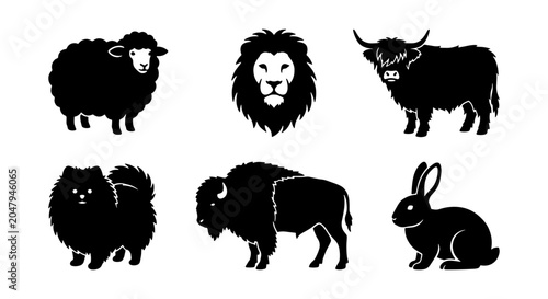 Photography Diverse Animal Silhouettes Collection: Lion, Sheep, Buffalo, Highland Cow, Pomer