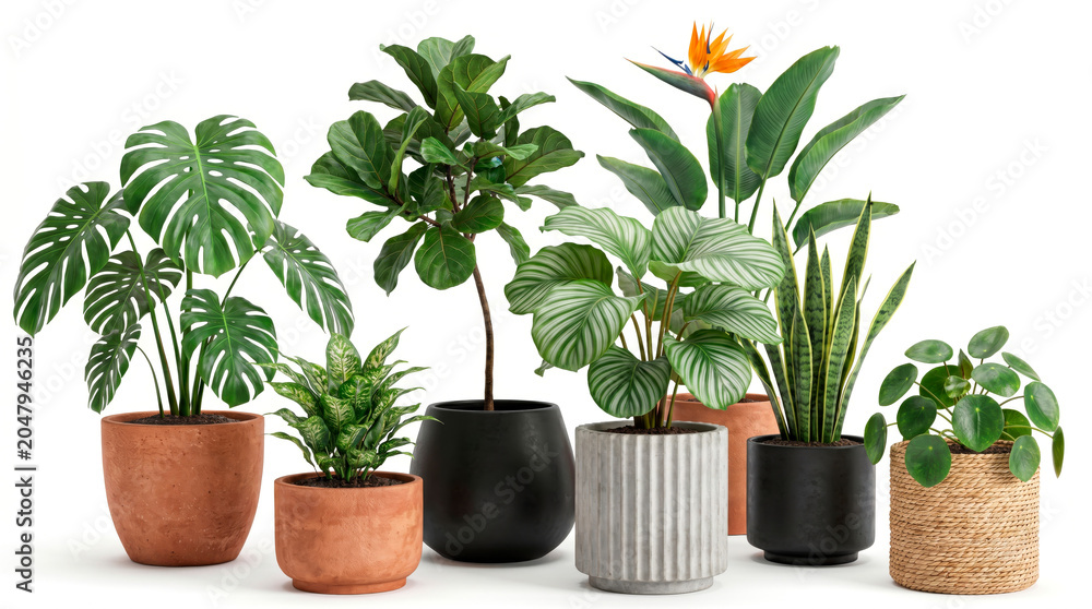 Fototapeta premium A collection of various indoor potted plants arranged together isolated on a white background.