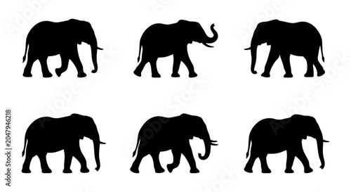 Canvas-taulu Six Black Elephant Silhouettes, Wildlife Safari Animal Icons, Majestic African M