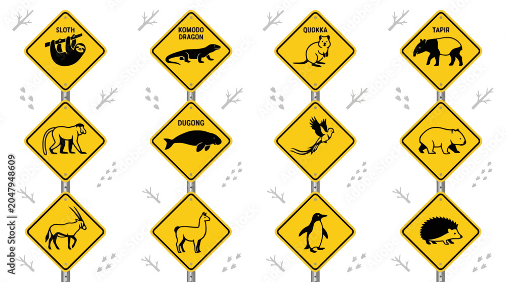 Fototapeta premium Vector illustration of yellow warning road signs featuring various wild animals like sloth capybara and penguin. EPS Editable